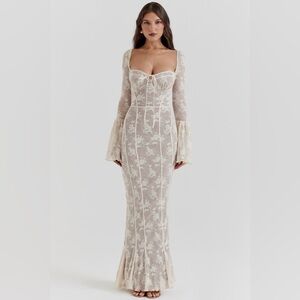 House of CB Delilah Vintage Cream Lace Maxi Flare Sleeve Dress